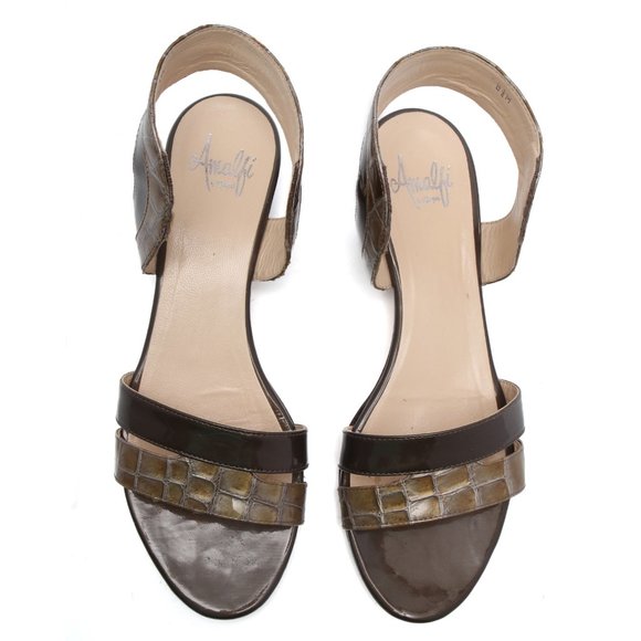Amalfi by Rangoni Patent Leather Flat Sandals Reptile Print Brown Summer Italy - Picture 6 of 11